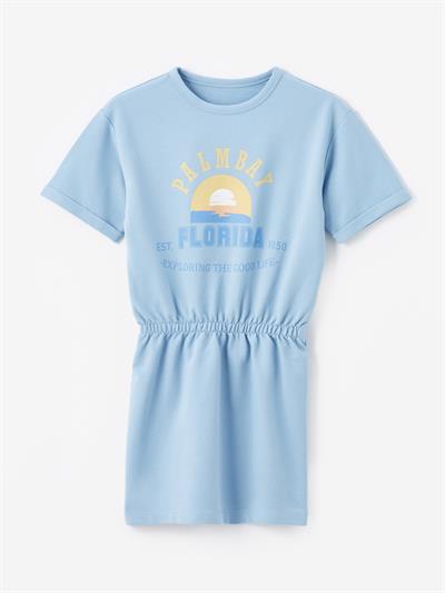 Florida Örme Detaylı Baskılı Kısa Kollu Elbise - Mavi