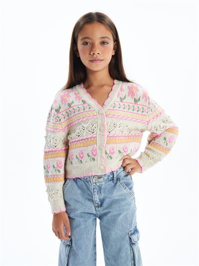 Flower - Çiçek Desenli V Yaka Triko Hırka - Multicolor Renk