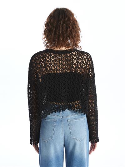 Genevre - Örgü Detaylı Ajurlu Uzun Kollu Triko - Siyah Renk
