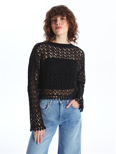 Genevre - Örgü Detaylı Ajurlu Uzun Kollu Triko - Siyah Renk