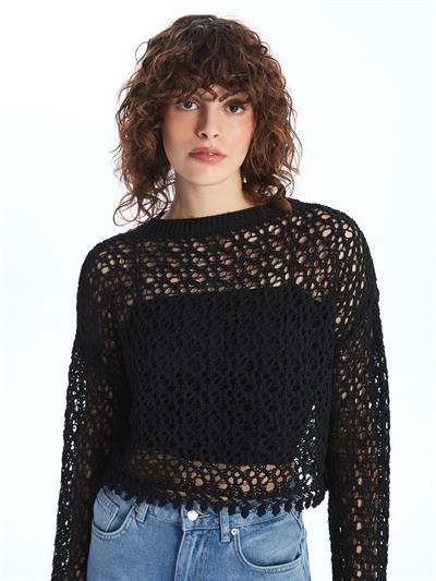 Genevre - Örgü Detaylı Ajurlu Uzun Kollu Triko - Siyah Renk