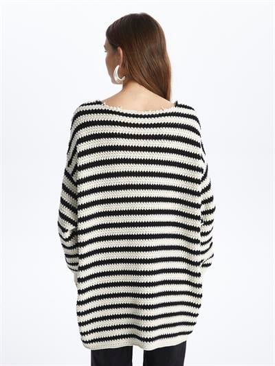 Genova- Kayık Yaka Uzun Kol Çizgili Triko- Siyah Stripe