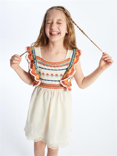 Giron - Örgü Detaylı ve Keten Astarlı Elbise - Ekru/Turuncu