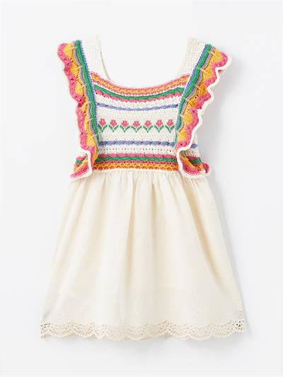 Giron - Örgü Detaylı ve Keten Astarlı Elbise - Ekru/Pembe