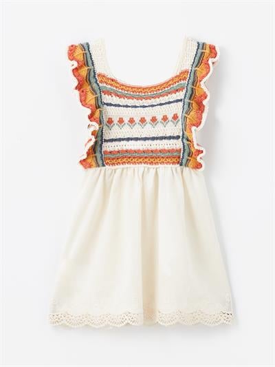 Giron - Örgü Detaylı ve Keten Astarlı Elbise - Ekru/Turuncu
