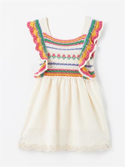 Giron - Örgü Detaylı ve Keten Astarlı Elbise - Ekru/Pembe