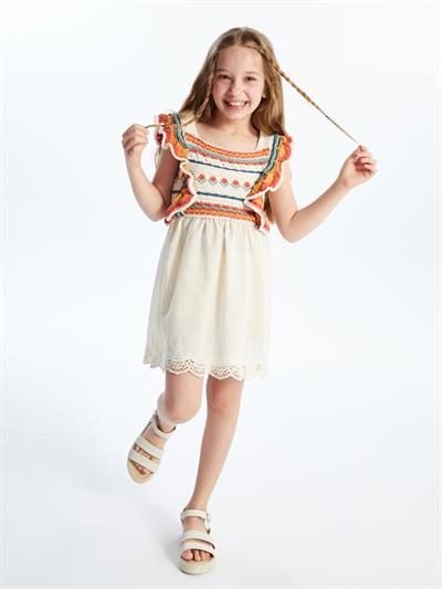 Giron - Örgü Detaylı ve Keten Astarlı Elbise - Ekru/Turuncu