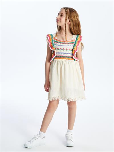 Giron - Örgü Detaylı ve Keten Astarlı Elbise - Ekru/Pembe