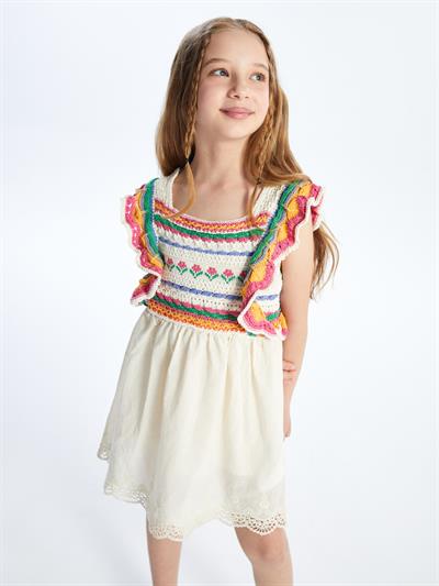 Giron - Örgü Detaylı ve Keten Astarlı Elbise - Ekru/Pembe