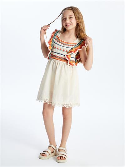 Giron - Örgü Detaylı ve Keten Astarlı Elbise - Ekru/Turuncu