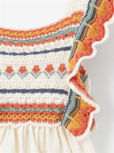 Giron - Örgü Detaylı ve Keten Astarlı Elbise - Ekru/Turuncu