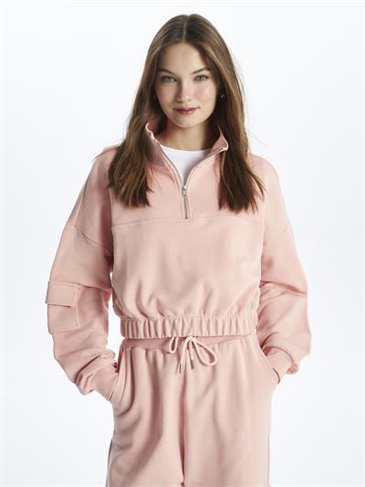 Hollywood- Yarım Fermuarlı Uzun Kol Parçalı Sweatshirt- Somon