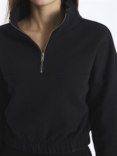 Hollywood- Yarım Fermuarlı Uzun Kol Parçalı Sweatshirt- Siyah