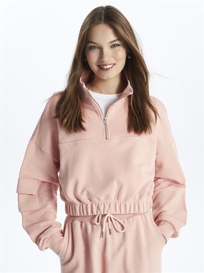Hollywood- Yarım Fermuarlı Uzun Kol Parçalı Sweatshirt- Somon