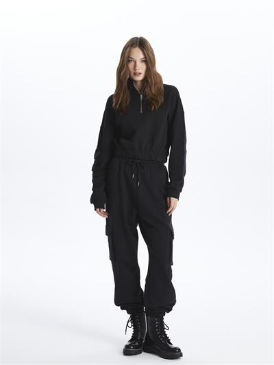 Hollywood- Yarım Fermuarlı Uzun Kol Parçalı Sweatshirt- Siyah