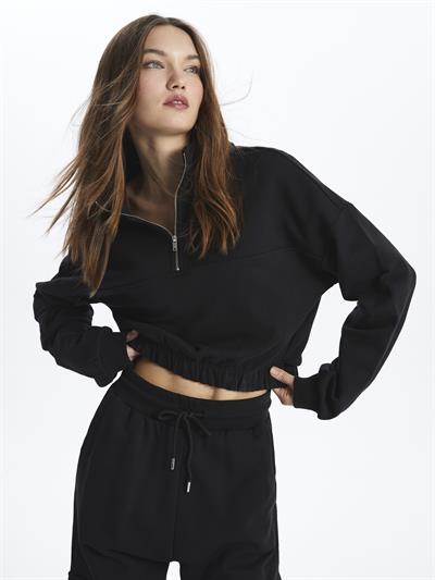 Hollywood- Yarım Fermuarlı Uzun Kol Parçalı Sweatshirt- Siyah