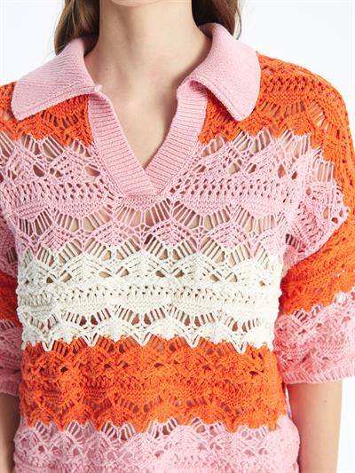 Ibiza - Örgü Detaylı Çizgili Kısa Kollu Triko Bluz - Turuncu Stripe