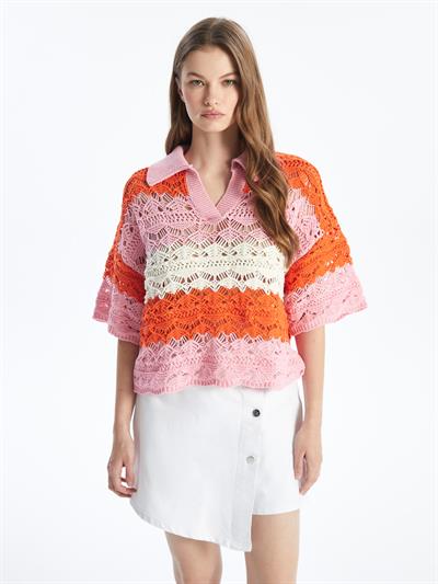 Ibiza - Örgü Detaylı Çizgili Kısa Kollu Triko Bluz - Turuncu Stripe