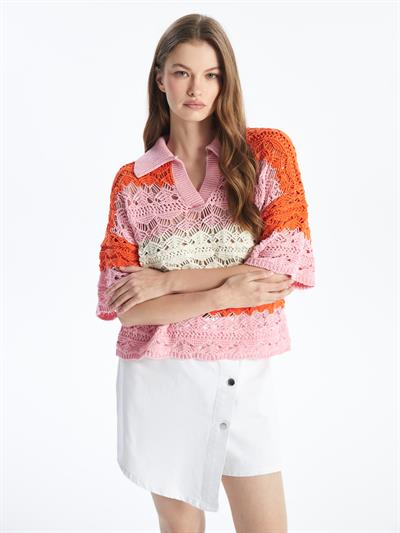 Ibiza - Örgü Detaylı Çizgili Kısa Kollu Triko Bluz - Turuncu Stripe