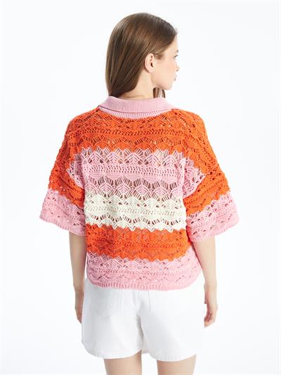 Ibiza - Örgü Detaylı Çizgili Kısa Kollu Triko Bluz - Turuncu Stripe