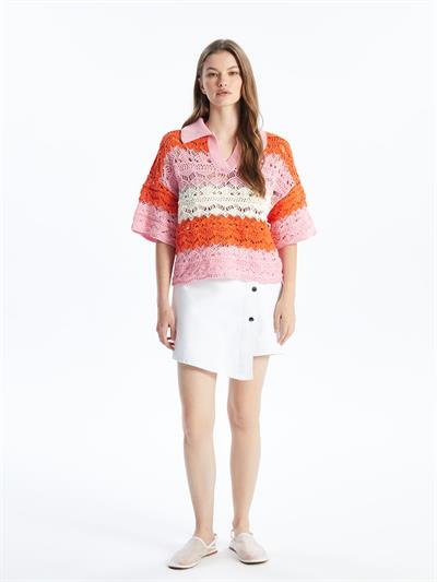 Ibiza - Örgü Detaylı Çizgili Kısa Kollu Triko Bluz - Turuncu Stripe