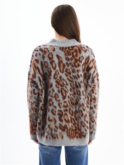 Juba - Leopar Desenli V Yaka Uzun Kollu Kazak - Leopar Renk