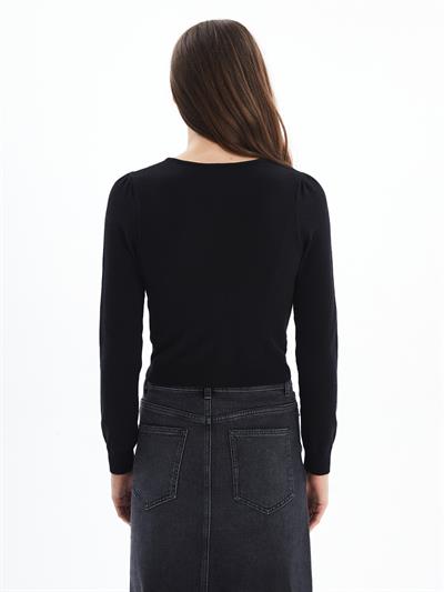 Kosova - Düğme Detaylı ve Bisiklet Yaka Düz Dar Kalıp Triko Hırka  - Siyah Renk