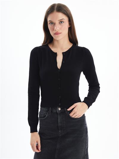 Kosova - Düğme Detaylı ve Bisiklet Yaka Düz Dar Kalıp Triko Hırka  - Siyah Renk