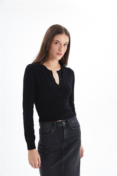 Kosova - Düğme Detaylı ve Bisiklet Yaka Düz Dar Kalıp Triko Hırka  - Siyah Renk