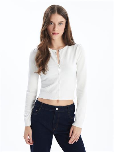 Kosova - Düğme Detaylı ve Bisiklet Yaka Düz Dar Kalıp Triko Hırka  - Beyaz Renk