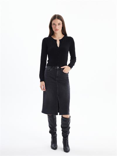 Kosova - Düğme Detaylı ve Bisiklet Yaka Düz Dar Kalıp Triko Hırka  - Siyah Renk