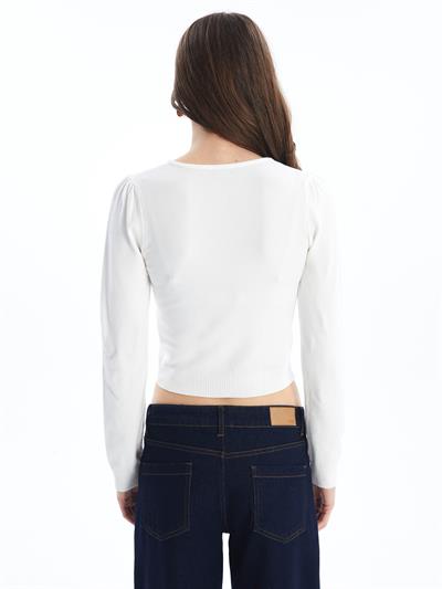 Kosova - Düğme Detaylı ve Bisiklet Yaka Düz Dar Kalıp Triko Hırka  - Beyaz Renk