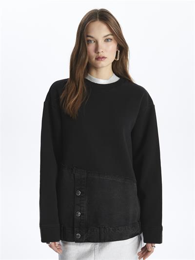 Kyoto- Bisiklet Yaka Uzun Kol Parçalı Sweatshirt- Siyah