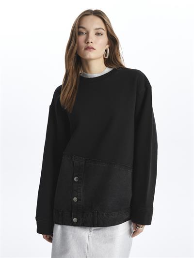 Kyoto- Bisiklet Yaka Uzun Kol Parçalı Sweatshirt- Siyah