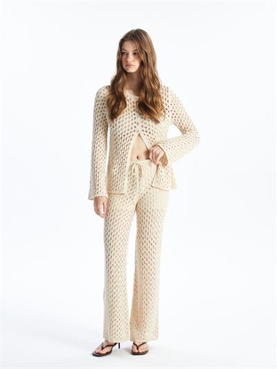 Livorno - Örgü Detaylı Yazlık Astarsız Slim Fit Triko Pantolon - Ekru