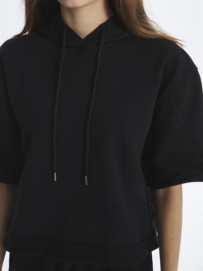 London- Kapuşonlu Kısa Kol Düz Sweatshirt- Siyah
