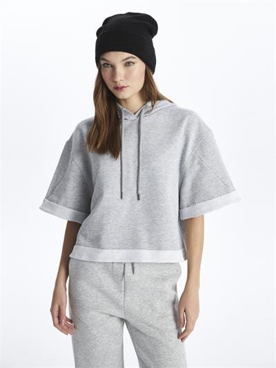 London- Kapuşonlu Kısa Kol Düz Sweatshirt- Gri Melanj