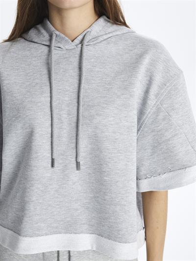 London- Kapuşonlu Kısa Kol Düz Sweatshirt- Gri Melanj