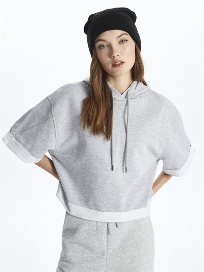 London- Kapuşonlu Kısa Kol Düz Sweatshirt- Gri Melanj