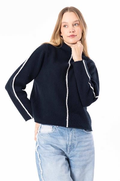 Lublin - Önü Çizgi Detaylı Basic Balıkçı Yaka Triko Kazak - Lacivert Renk