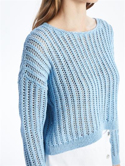 Maia - Örgü Detaylı Uzun Kollu Triko Bluz - Mavi Renk