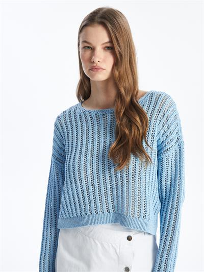 Maia - Örgü Detaylı Uzun Kollu Triko Bluz - Mavi Renk