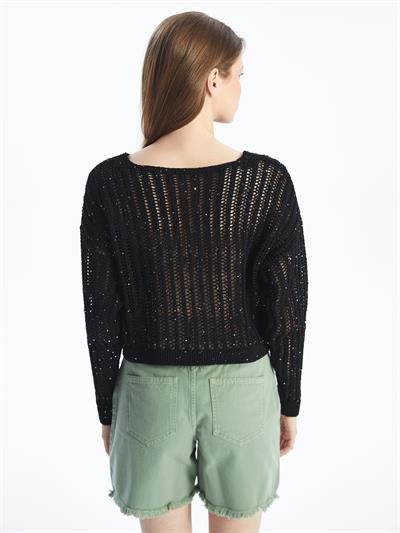 Maia - Örgü Detaylı Uzun Kollu Triko Bluz - Siyah Renk