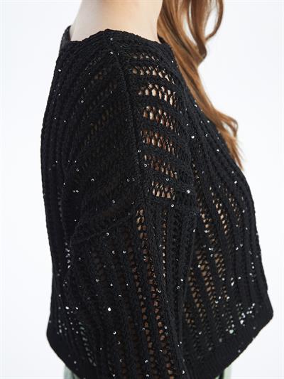 Maia - Örgü Detaylı Uzun Kollu Triko Bluz - Siyah Renk