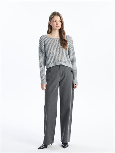 Maia - Örgü Detaylı Uzun Kollu Triko Bluz - Gri Renk