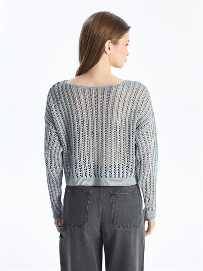 Maia - Örgü Detaylı Uzun Kollu Triko Bluz - Gri Renk
