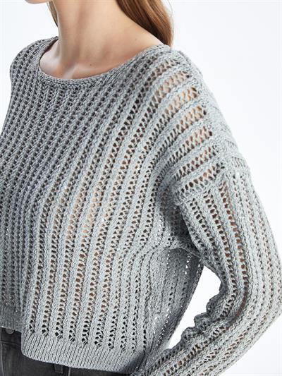 Maia - Örgü Detaylı Uzun Kollu Triko Bluz - Gri Renk