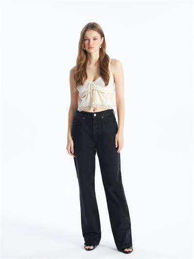 Marsilya - Düz Straight Fit %100 Pamuk Normal Bel Denim Pantolon - Siyah