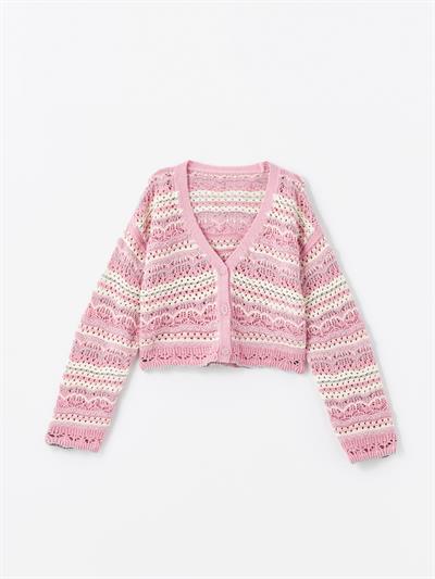 Marta - Örgü Detaylı Çizgili Triko Hırka - Pembe