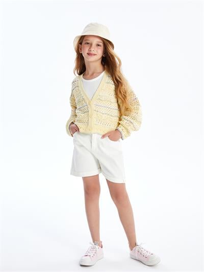 Marta - Örgü Detaylı Çizgili Triko Hırka - Sarı